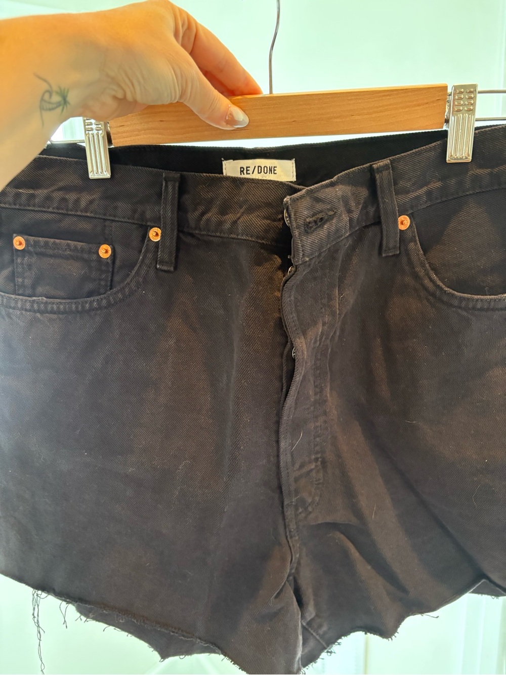 Re/Done Black Denim Shorts with Raw Hem